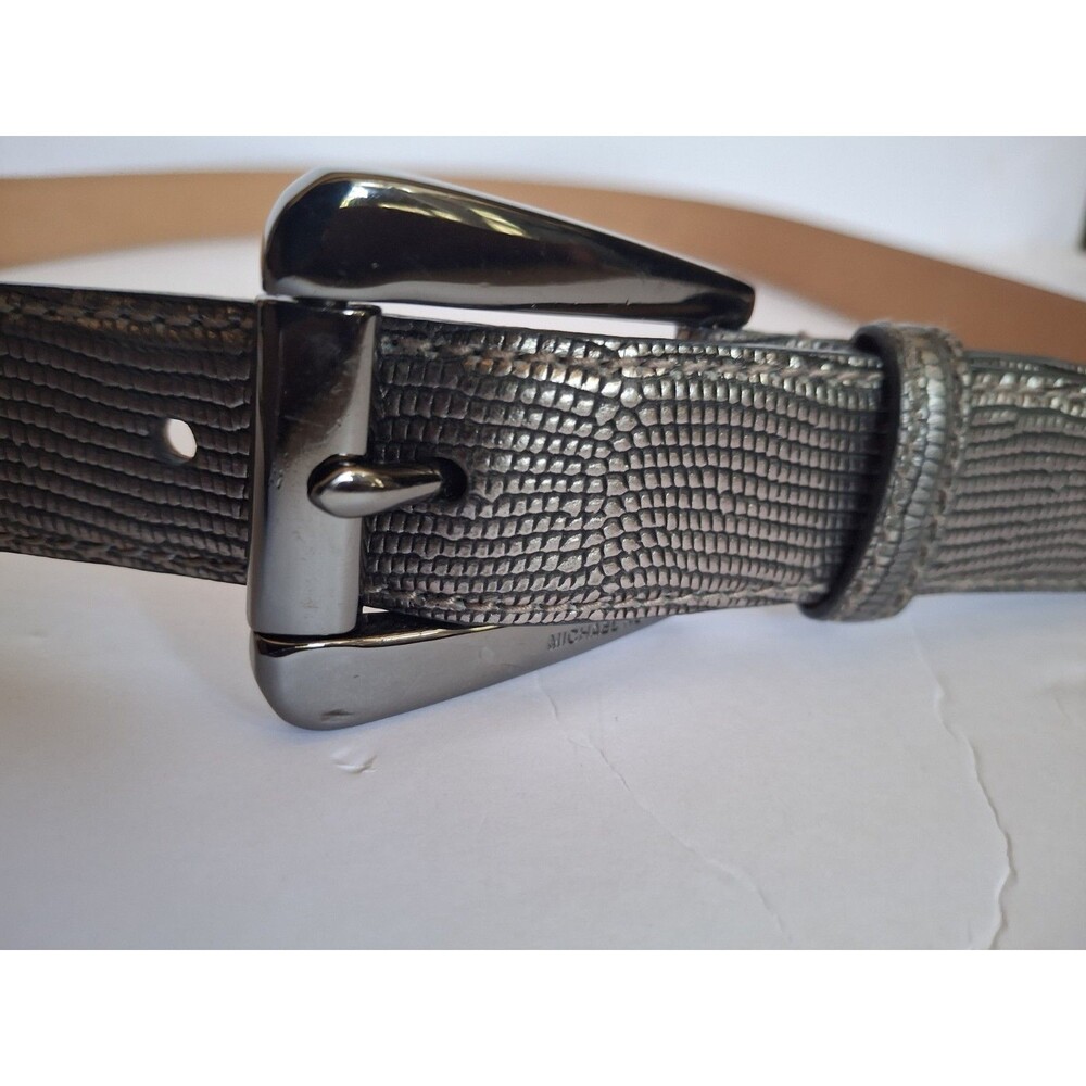 Michael Kors Leather Belt Large Silver Textured  Statement Belt Classic Designer - Picture 4 of 9